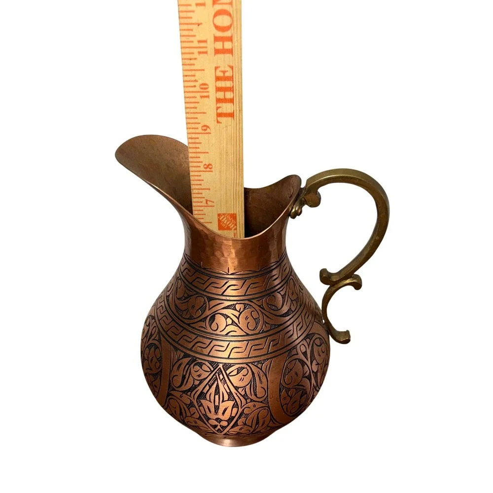 DEMMEX Engraved Turkish Copper Pitcher Handmade Ewer Vessel‎ Vase Folk moroccan
